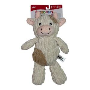 Hal Smoochy Pet Pals Cow Dog Toy Squeaker & Crinkle 13"H Cream Brown Pink NWT